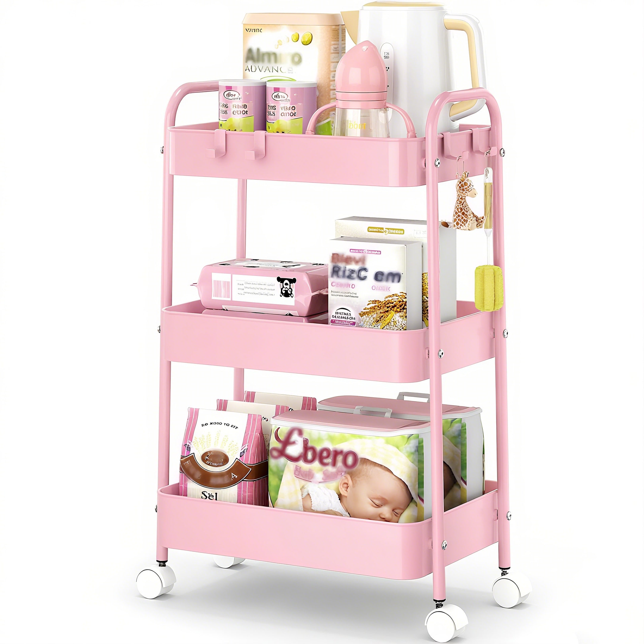 Baby Nursery Organizer - 3段式メタルローリングカート（車輪付き）モダンなピンクのユーティリティ収納カートトロリーオーガナイザー、頑丈なメッシュバスケットユニット、ロック可能なキャスター付き、保育園、ベビー用品、キッチン、バスルーム、オフィス、メイクアップ、新築祝いのギフトに最適