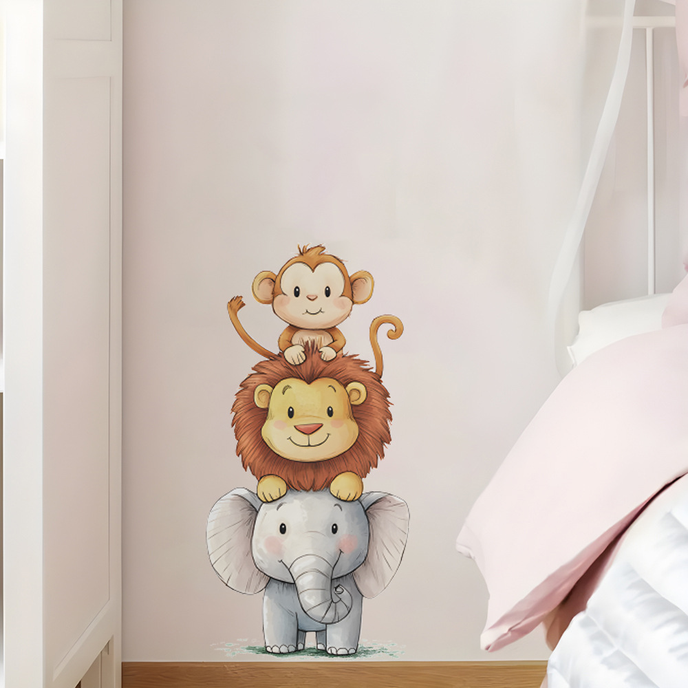 Baby Nursery Vinyl Wall Stickers - かわいい森の動物の壁ステッカー部屋用ベビールーム装飾保育園壁紙ビニール象ライオン