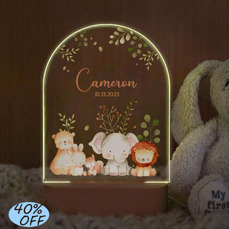 Baby Nursery Light - カスタムネームベビーナイトライト、パーソナライズされた漫画動物アクリルランプ、子供部屋の装飾、クリスマスプレゼント、女の子、男の子、ベッドサイドライト