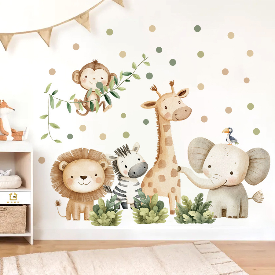 Baby Nursery Furniture - 自由奔放に生きる森の動物ウォールステッカーキッズルーム用男の子女の子ベビールーム装飾保育園壁紙象キリン猿ライオン
