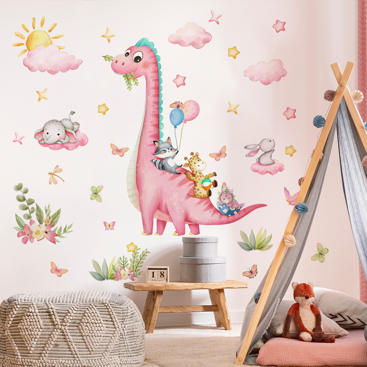 Baby Nursery Vinyl Wall Stickers - 大きな漫画の恐竜のウォールステッカー,ビニール,雲,星,子供部屋,赤ちゃんの寝室,保育園の壁の装飾,動物公園,ピンク