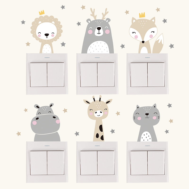 Baby Nursery Sets - 6 ピース/セット自由奔放に生きるカラーかわいい笑顔漫画動物スイッチステッカー壁キッズルームベビー保育園ルーム壁飾り星家の装飾