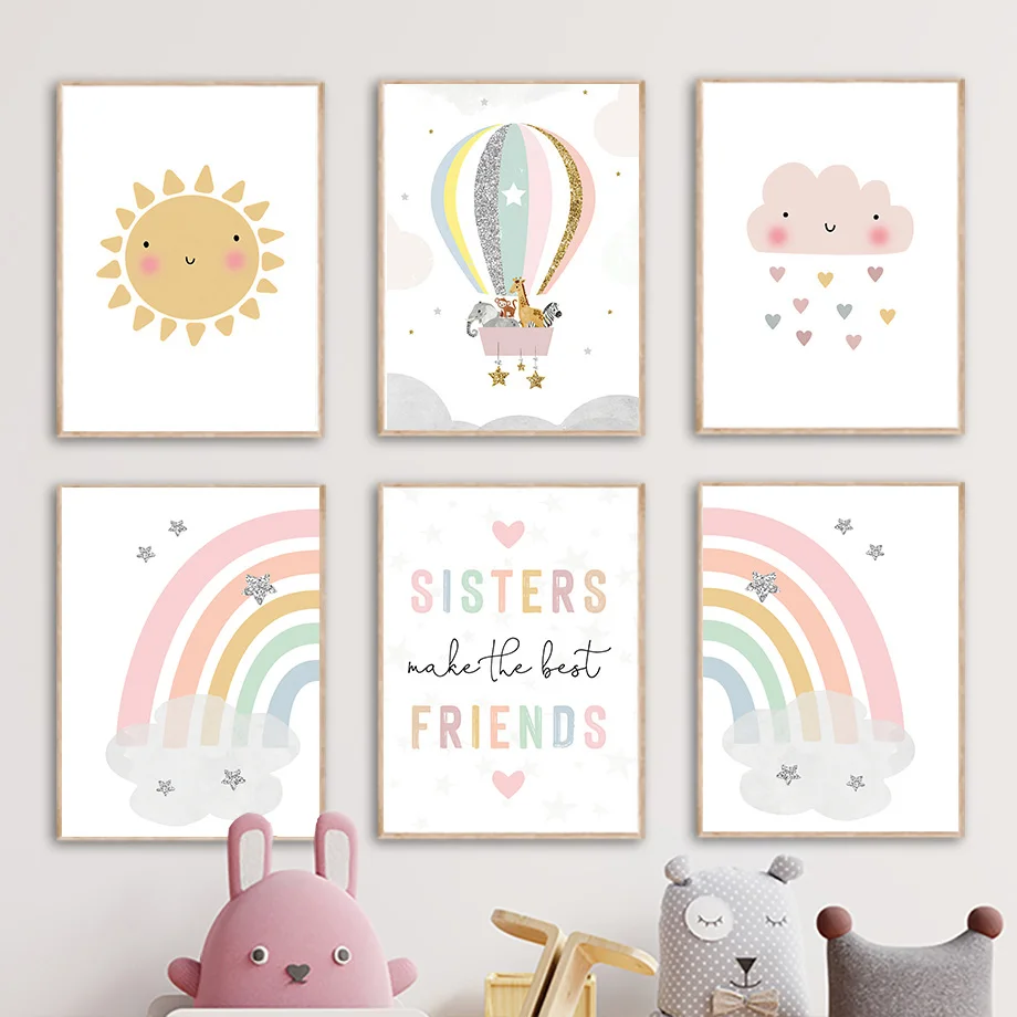 Baby Nursery Ornaments - キリン象熱気球太陽虹保育園北欧ポスターやプリント壁アートキャンバス絵画画像ベビーキッズルーム装飾