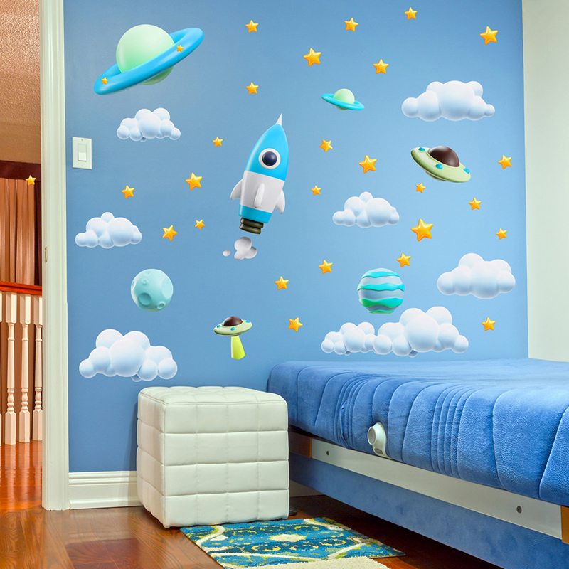 Baby Nursery Vinyl Wall Stickers - 青い銀河宇宙ロケットUFOウォールステッカー 子供部屋 ベビー部屋 保育園 ホームデコレーション DIYビニール