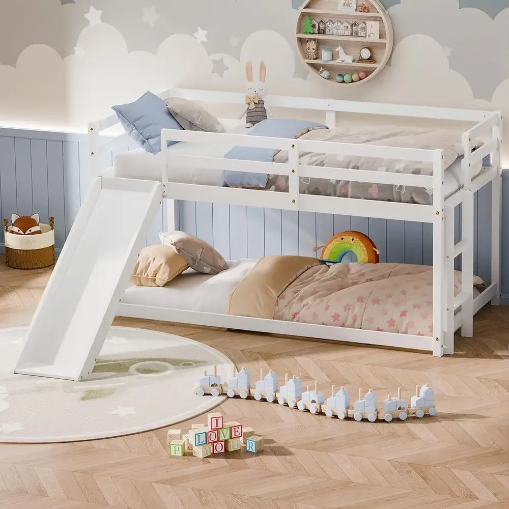 Bed Rail Toddler - ツインサイズの子供用二段ベッド、スライド、はしご、安全柵、幼児用収納付き、ソリッドホワイト