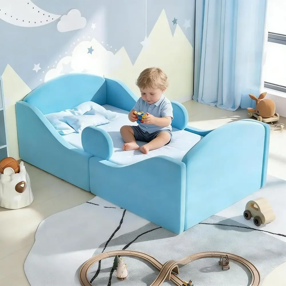 Bed Rail Toddler - 取り外し可能な安全レール付き幼児用ベッド、ベビーベッドサイズ、柔らかい布張り、ユニセックス（マットレスなし）- ブルー