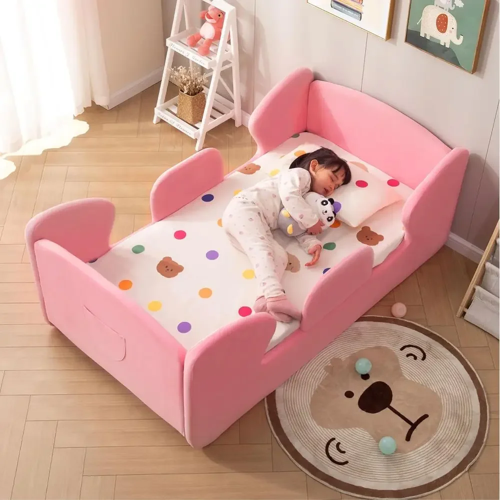 Bed Rail Toddler - 持ち運び可能な幼児用ベッド、取り外し可能な安全柵と収納付き、ユニセックスデザイン、床から低い位置まで、布張り子供用ベッド