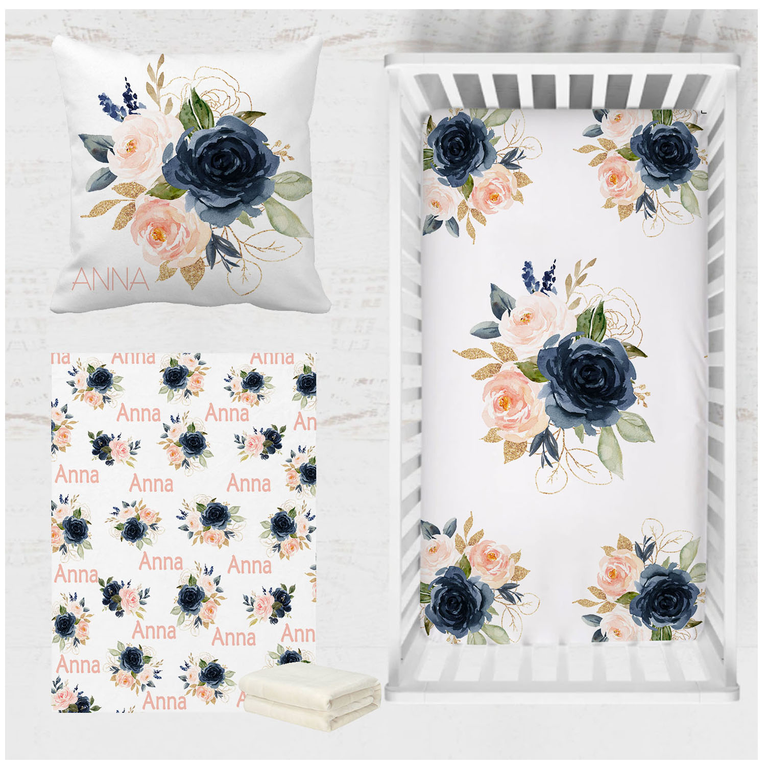 Baby Nursery Bedding Sets - Lvyziho-赤ちゃんのベビーベッドセット、保育園の寝具セット、ネイビーブラッシュピンクフラワー、カスタム名