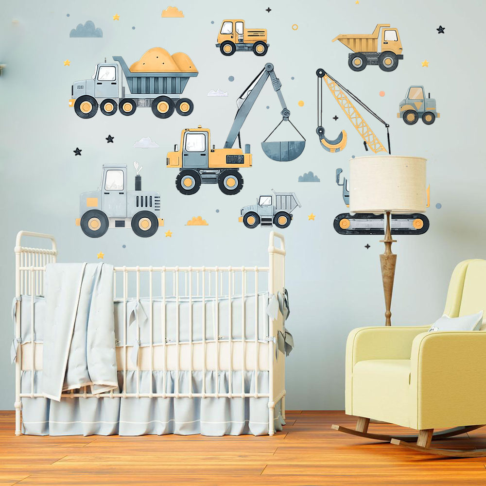 Baby Nursery Decals - 漫画掘削機車両セット車の壁ステッカープレイルーム建物建設クレーントラック壁デカールベビールームの装飾