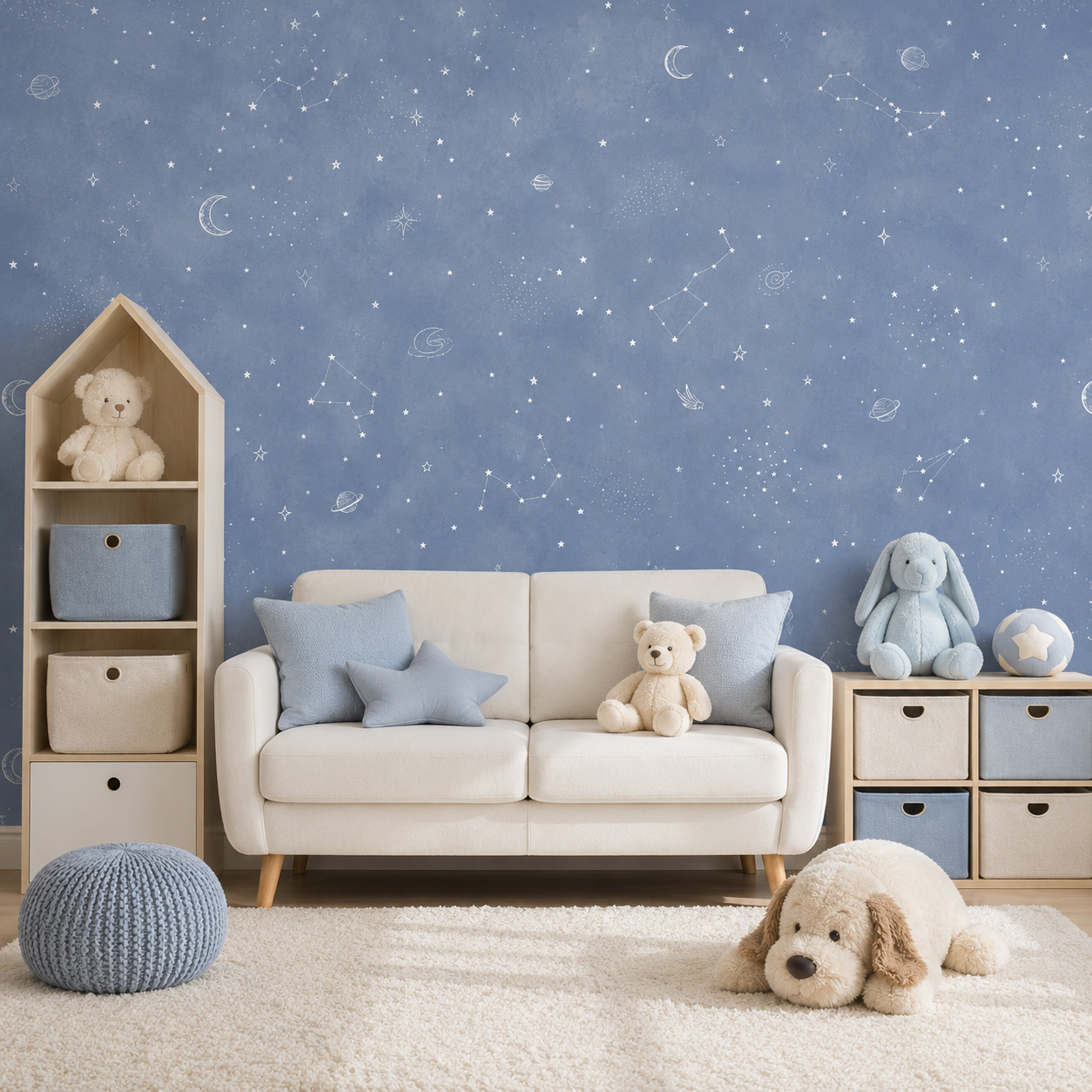 Baby Nursery Mural Wallpaper - 青い星空の自己粘着壁紙、子供部屋用ウォールステッカー、剥がして貼るだけのキッズルーム・ベビールーム用星座装飾