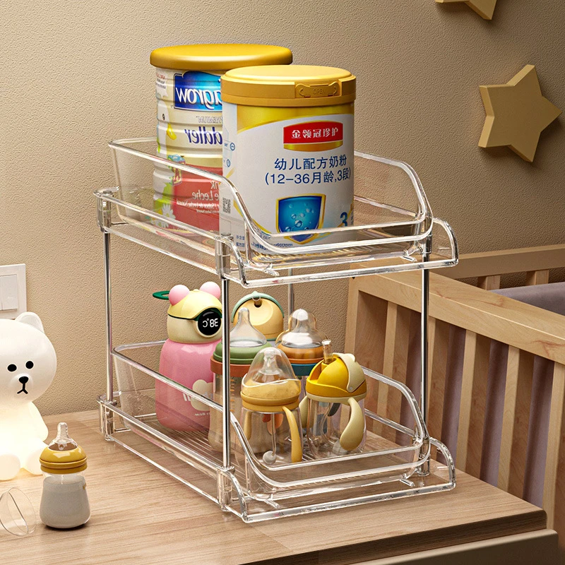 Baby Nursery Organizer - 2段式透明多層ベビーオーガナイザー、ベビーベッドサイド用、哺乳瓶、おむつ、おしりふき、ベビーケア、授乳用収納ラック