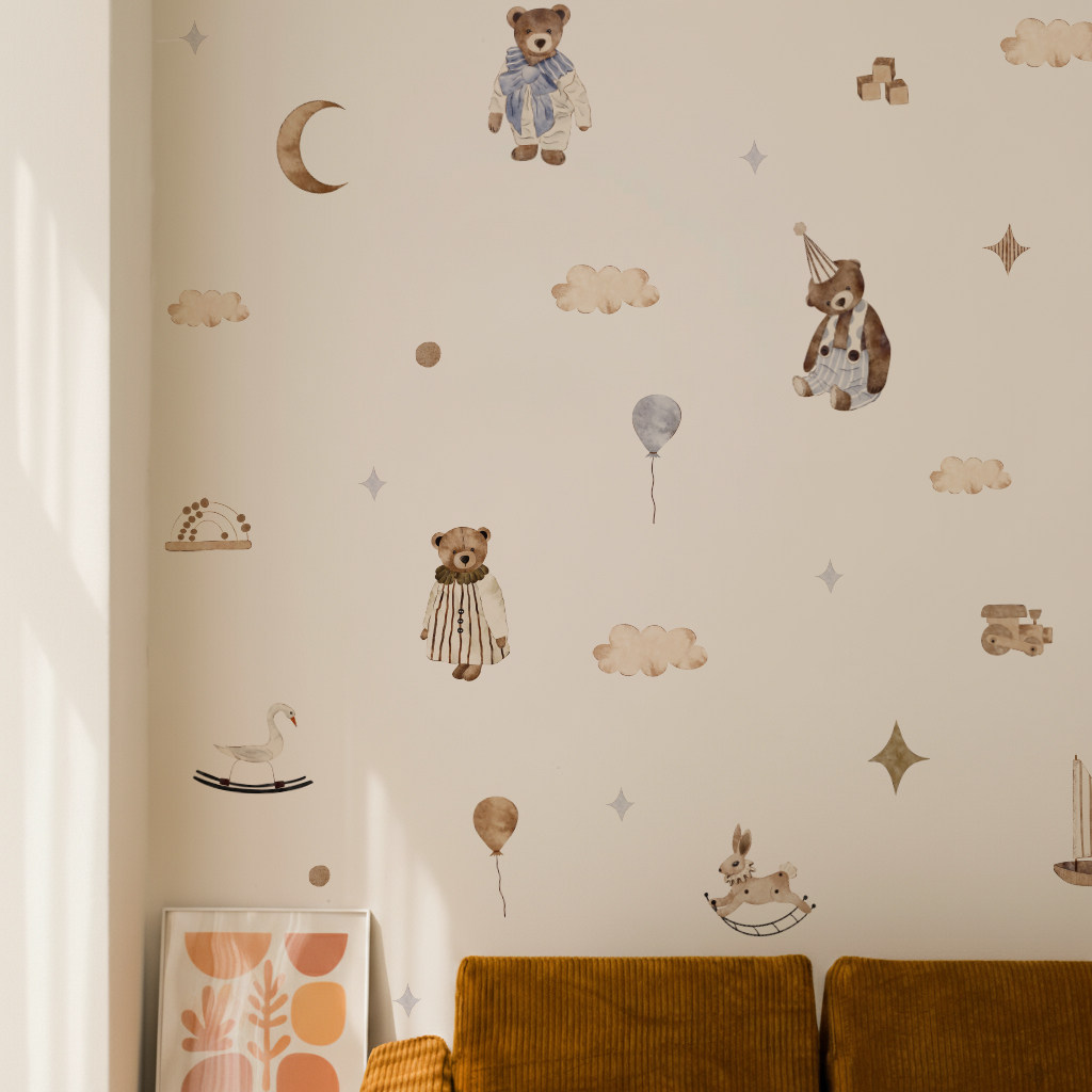 Baby Nursery Wallpaper Neutral - ボヘミアン風ウォールステッカー ヴィンテージキュートなテディベア、ベビー、帆船、ボールのウォールステッカー、ニュートラルなベビーキッズルームの装飾、保育園のウォールアートに