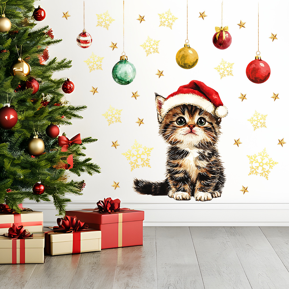 Baby Nursery Vinyl Wall Stickers - かわいいクリスマスペットウォールステッカーリムーバブルビニールデカールサンタ帽子猫/犬子供のためのベビールーム寝室保育園装飾