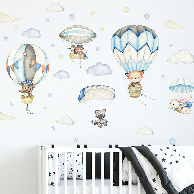 Baby Nursery Ornaments - 漫画かわいい動物熱気球ウォールステッカーキッズルームベビー保育園ルーム壁飾り寝室の装飾家の装飾 PVC