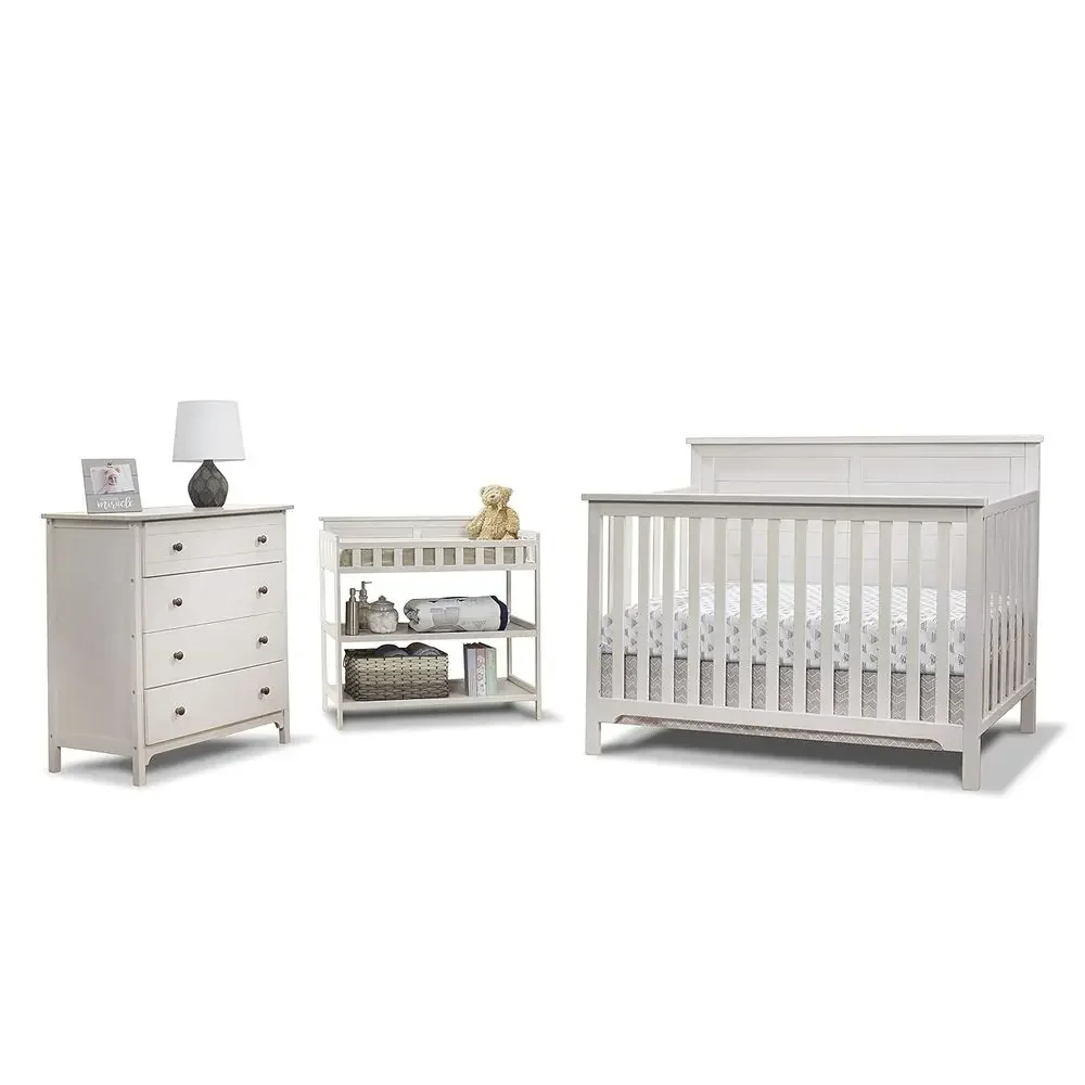 Convertible Crib Set - ベビーベッド3点セット（4-in-1コンバーチブルベビーベッド、4段チェスト、棚付きチェンジングテーブル）、ベビー家具M