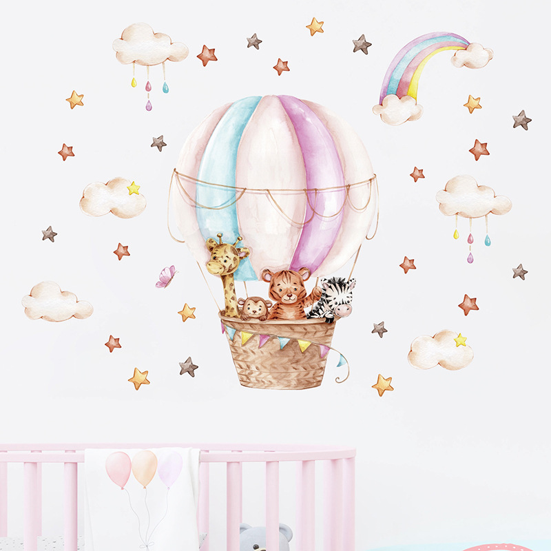 Baby Nursery Vinyl Wall Stickers - 水彩ピンク熱気球かわいい動物雲虹壁ステッカー子供部屋用ベビー保育園壁デカール家の装飾