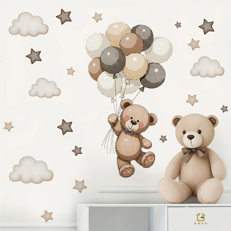 Baby Nursery Vinyl Wall Stickers - 漫画風テディベア風船ウォールステッカーDIYビニール星雲デカール子供部屋ベビー寝室保育園壁装飾用リムーバブル