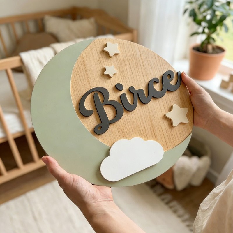Baby Nursery Ornaments - カスタム木製ネームサイン、3D雲と星の装飾、パーソナライズされたベビーネームプレート、子供部屋の飾り、卓上装飾、新生児用