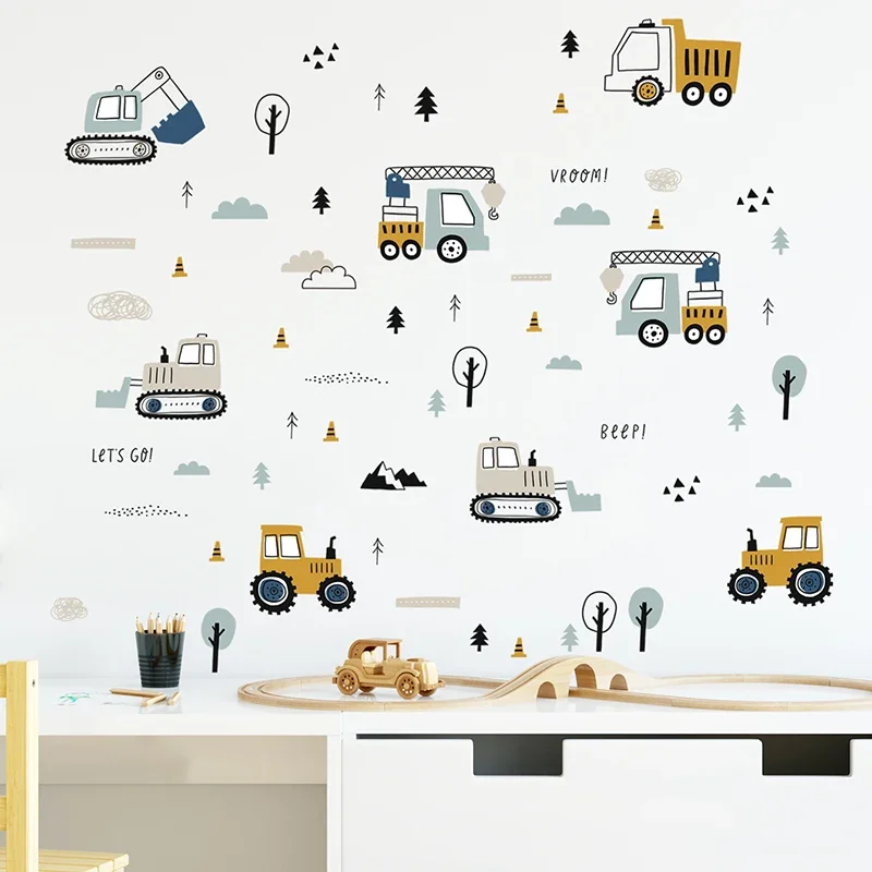 Baby Nursery Decals - 手描きのかわいい車貨物トラックの壁のステッカーキッズルーム車要素ベビーティーンルーム壁デカールプレイルーム幼稚園保育園