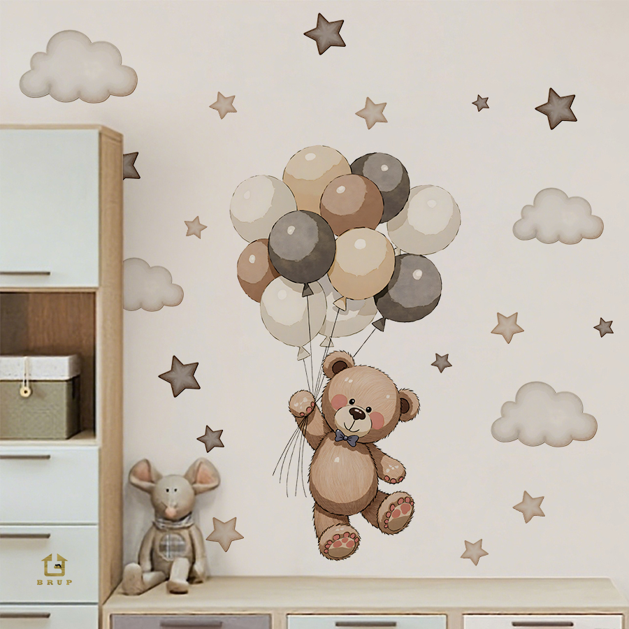 Baby Nursery Decals - 愛らしいテディベアの壁用ステッカー、風船、星、雲付きの取り外し可能な装飾、子供の寝室、プレイルーム、ベビーナーサリー用