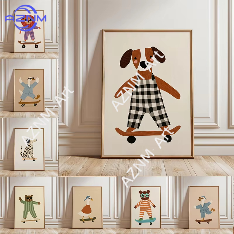Baby Nursery Ornaments - 1PC 面白い動物スケートボードポスタートレンディなガチョウアヒル犬スケートキャンバス絵画壁アートベビー保育室家の装飾用