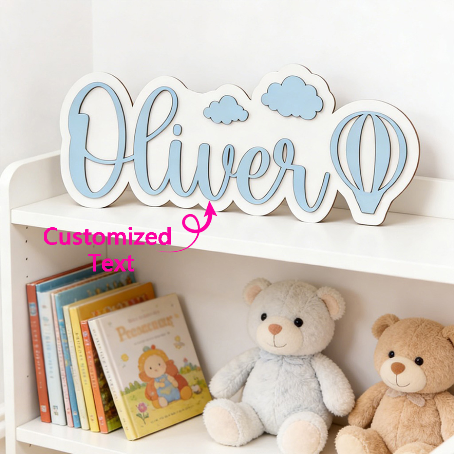 Baby Nursery Ornaments - パーソナライズされた熱気球と雲の名前入りルームサイン、カスタマイズ可能なパステルブルーの木製飾り板、保育園の寝室の装飾、素敵な贈り物