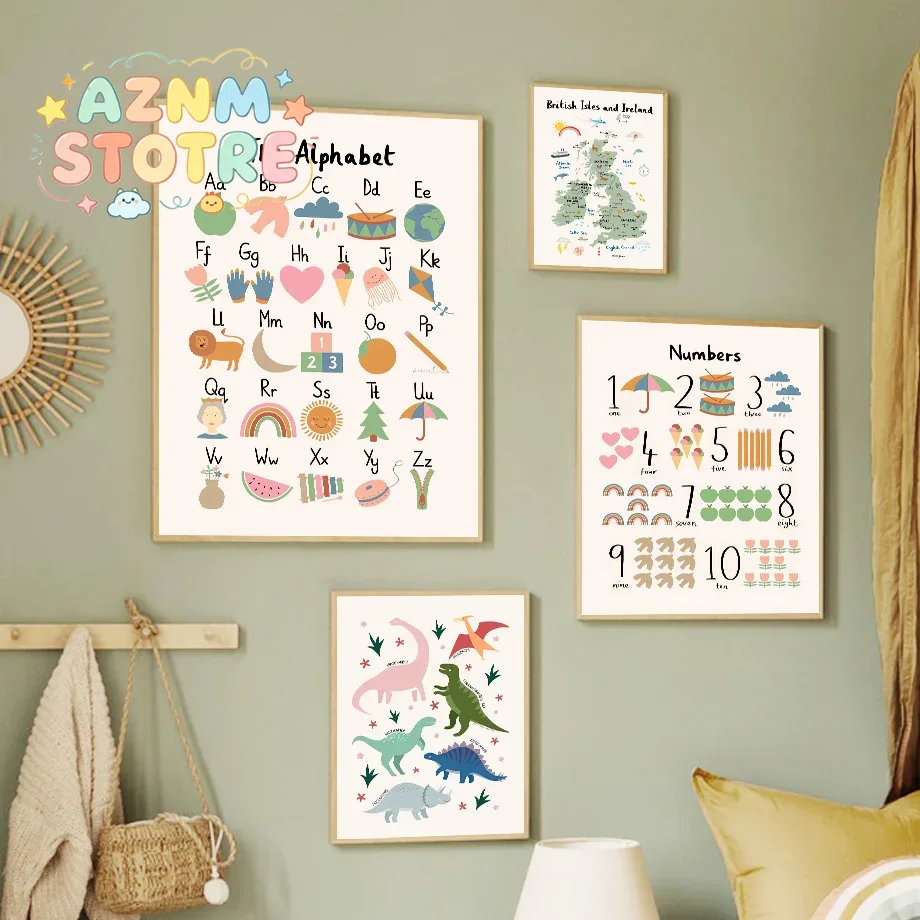 Baby Nursery Ornaments - 動物世界地図 恐竜 アルファベット 数字 キャンバス ウォールアート