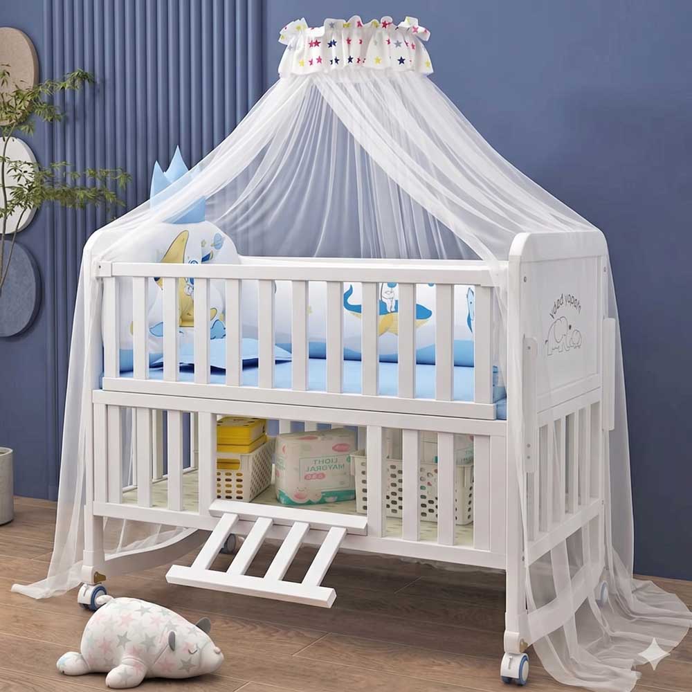 Convertible Crib Set - プレミアムベビーベッド、無垢材製、多機能ベビーコット、揺りかご、収納付きモバイルベッド、蚊帳、寝具セット