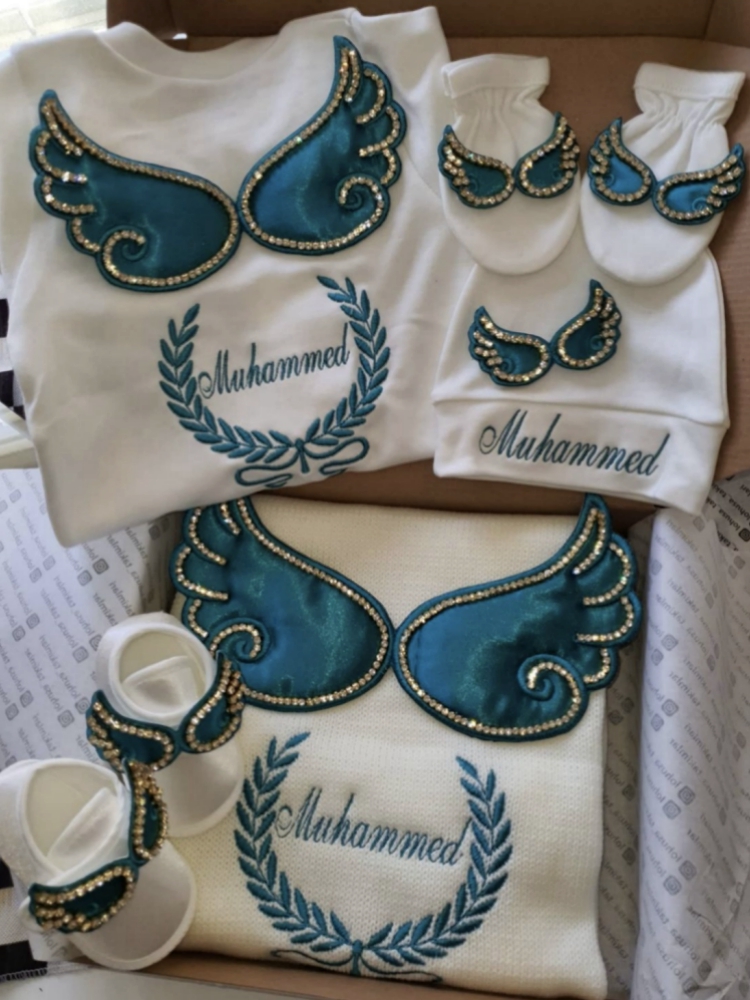 Baby Nursery Bedding Sets - Dollbling 病院出口 5 個刺繍名入り新生児角翼ロンパースブランケット保育園寝具おくるみ手作り幼児服