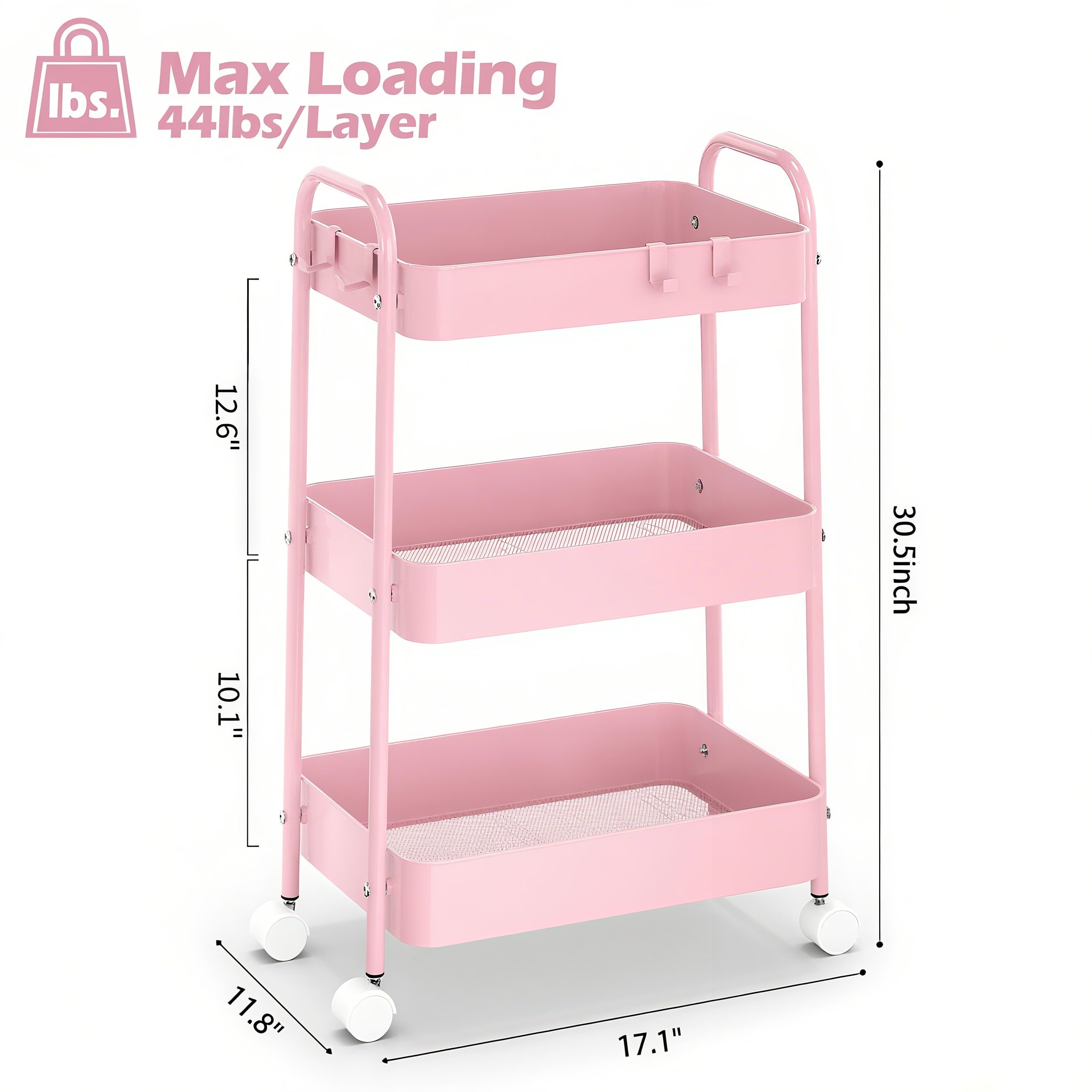 3段式メタルローリングカート（車輪付き）モダンなピンクのユー - Baby Nursery Organizer のレビューと価格