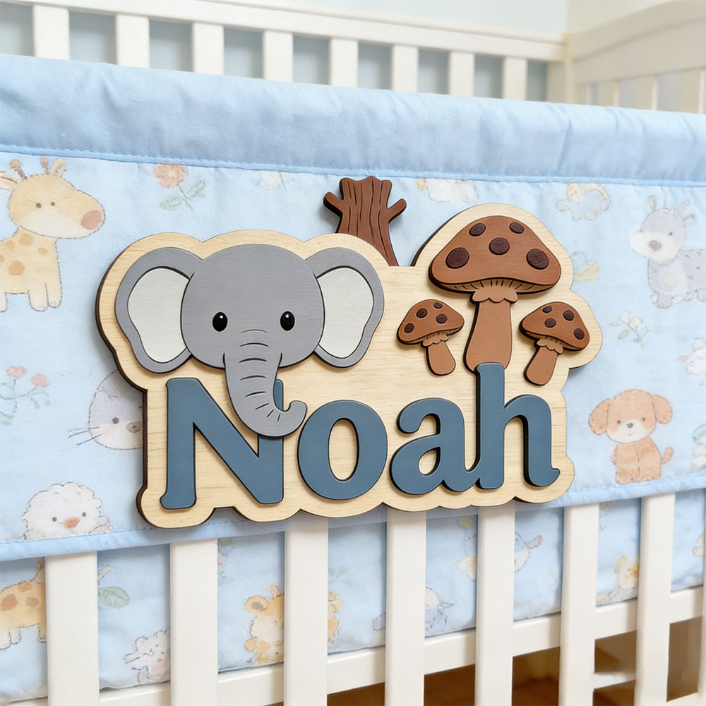 カスタマイズ可能な漫画風の象とキノコの名前入りプレート、男の - Baby Nursery Forest Theme のレビューと価格