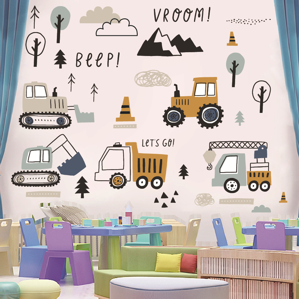 漫画ショベルエンジニアリング車の壁のステッカー自己粘着子供部 - Baby Nursery Decals のレビューと価格