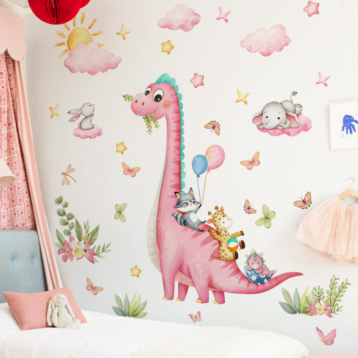 大きな漫画の恐竜のウォールステッカー,ビニール,雲,星,子供 - Baby Nursery Vinyl Wall Stickers のレビューと価格