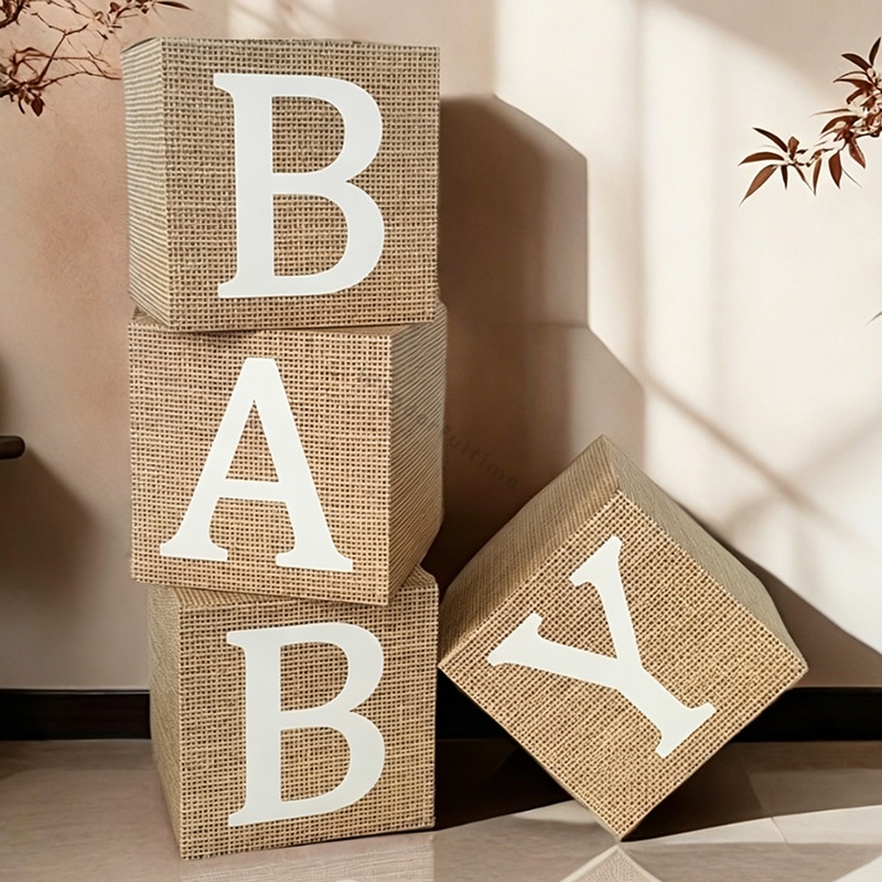 4個セットのバーラッププリント「BABY」レターボックス、段 - Baby Nursery Sets のレビューと価格