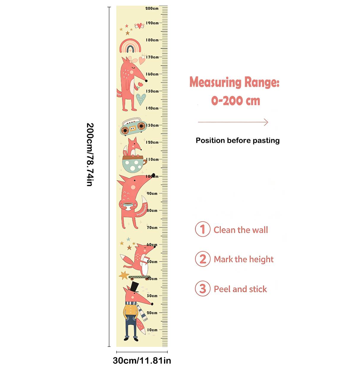 かわいい動物のキツネの子供用身長計、取り外し可能な成長定規ウ - Baby Nursery Decals のレビューと価格