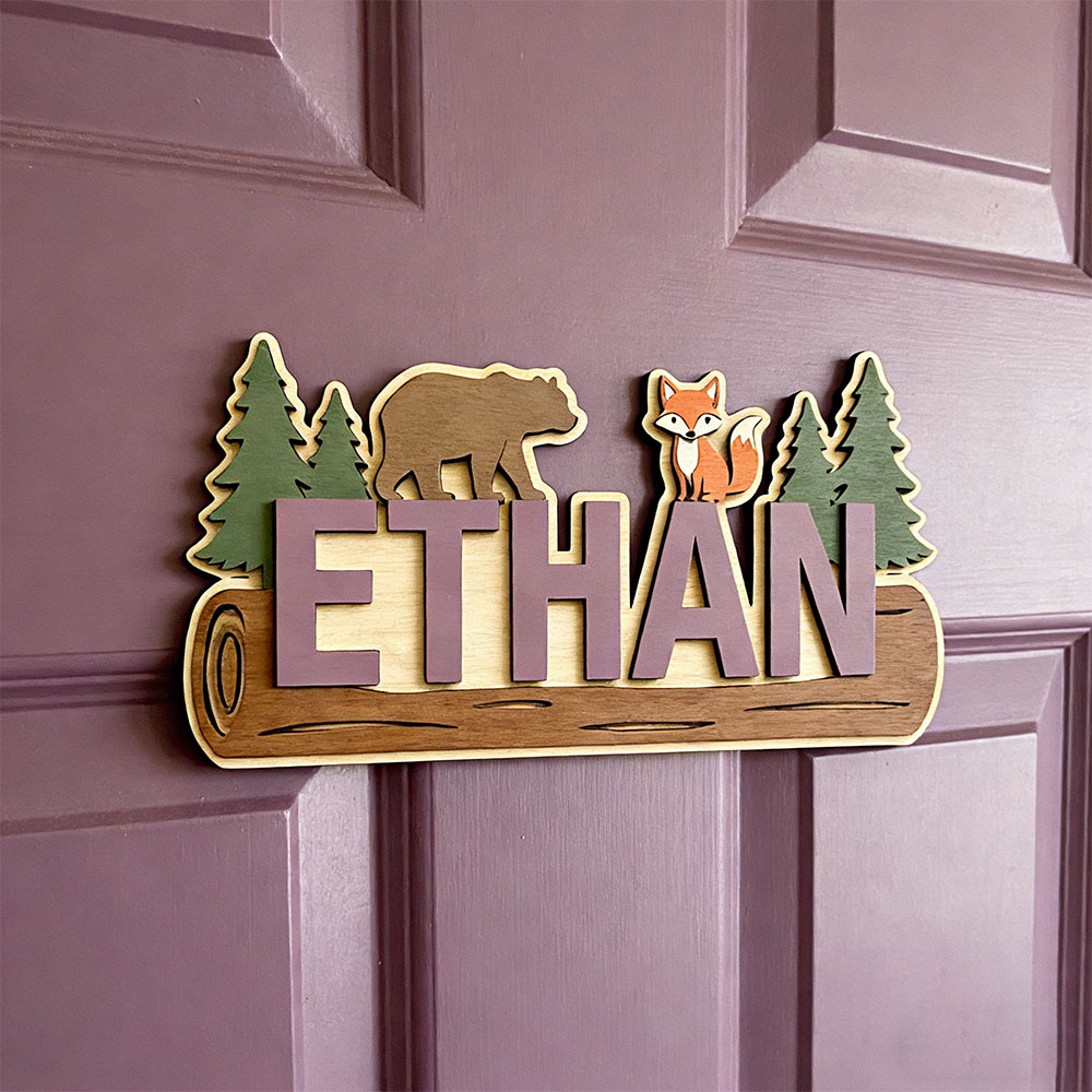 森の動物たちの名前入り木製サイン、カスタムメイドのクマ、キツ - Baby Nursery のレビューと価格