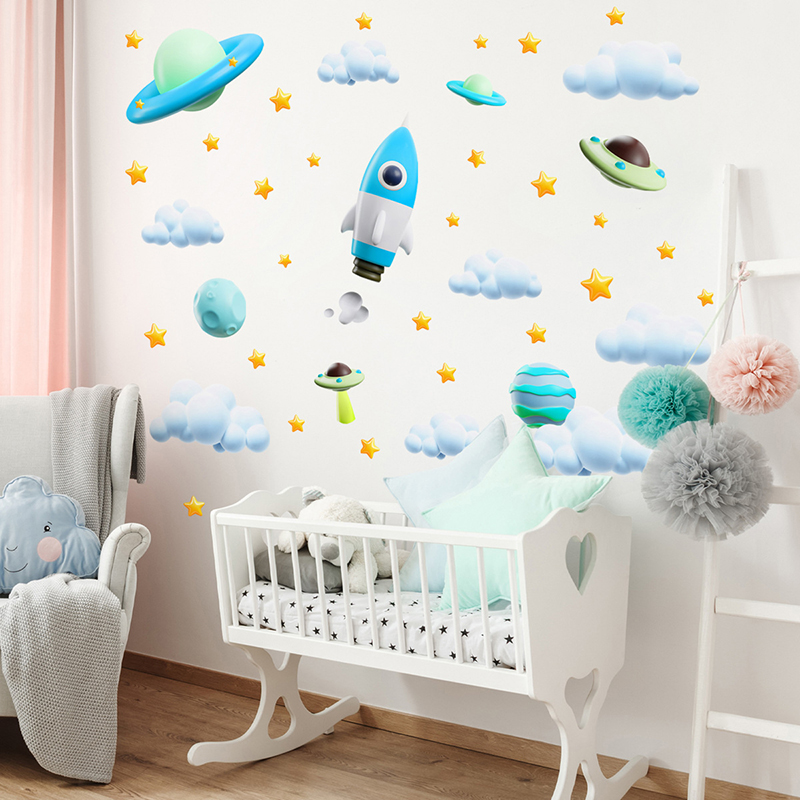 青い銀河宇宙ロケットUFOウォールステッカー 子供部屋 ベビ - Baby Nursery Vinyl Wall Stickers のレビューと価格