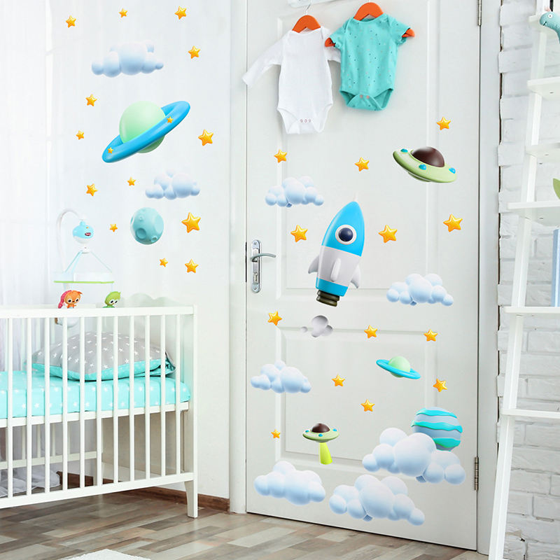 青い銀河宇宙ロケットUFOウォールステッカー 子供部屋 ベビ - Baby Nursery Vinyl Wall Stickers のレビューと価格