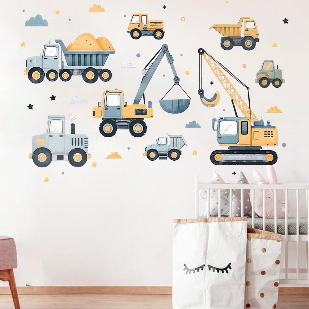 漫画掘削機車両セット車の壁ステッカープレイルーム建物建設クレ - Baby Nursery Decals のレビューと価格