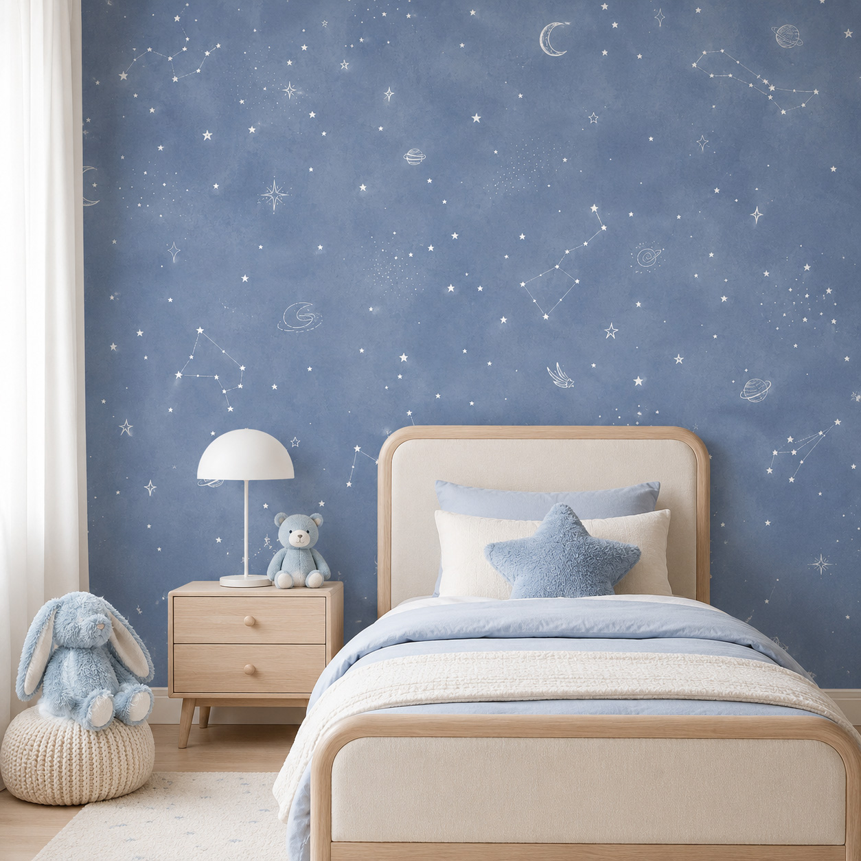 青い星空の自己粘着壁紙、子供部屋用ウォールステッカー、剥がし - Baby Nursery Mural Wallpaper のレビューと価格