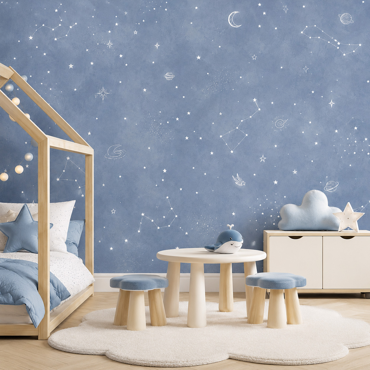 青い星空の自己粘着壁紙、子供部屋用ウォールステッカー、剥がし - Baby Nursery Mural Wallpaper のレビューと価格
