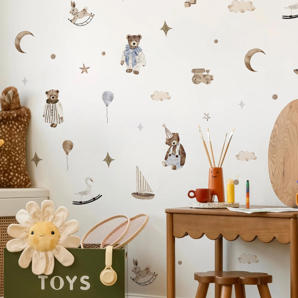 ボヘミアン風ウォールステッカー ヴィンテージキュートなテディ - Baby Nursery Wallpaper Neutral のレビューと価格