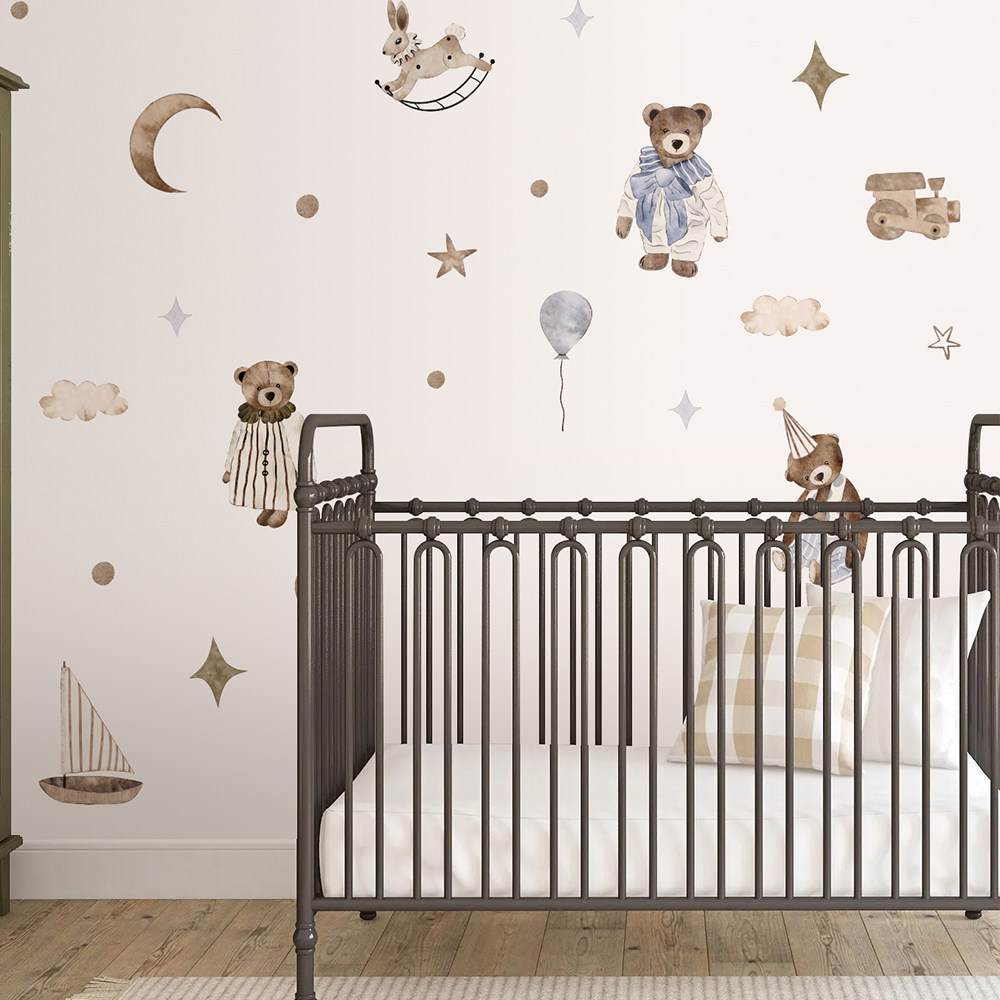 ボヘミアン風ウォールステッカー ヴィンテージキュートなテディ - Baby Nursery Wallpaper Neutral のレビューと価格