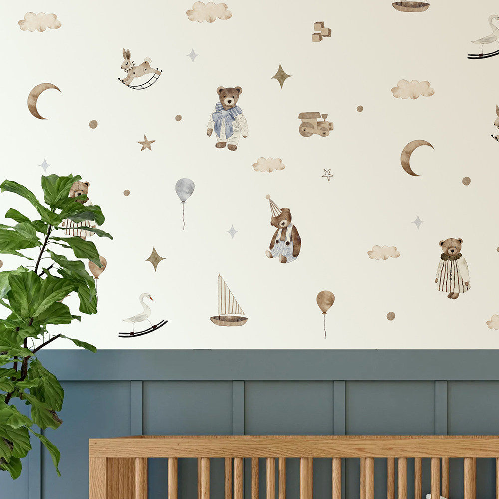 ボヘミアン風ウォールステッカー ヴィンテージキュートなテディ - Baby Nursery Wallpaper Neutral のレビューと価格