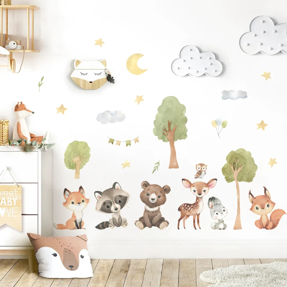 森の動物テーマクマ鹿ウサギ子供用ウォールステッカーキッズルー - Baby Nursery Forest Theme のレビューと価格