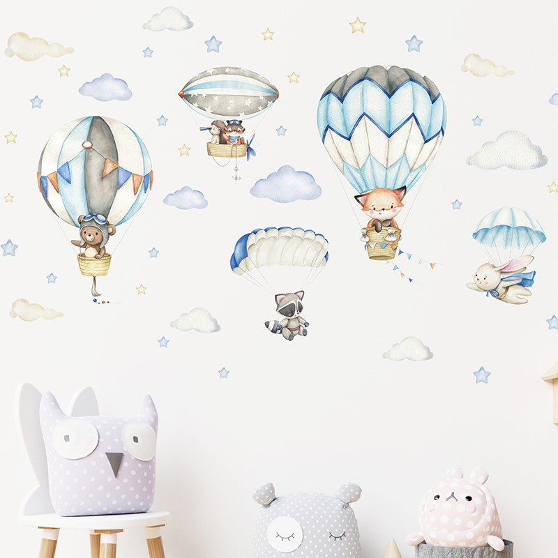 漫画かわいい動物熱気球ウォールステッカーキッズルームベビー保 - Baby Nursery Ornaments のレビューと価格