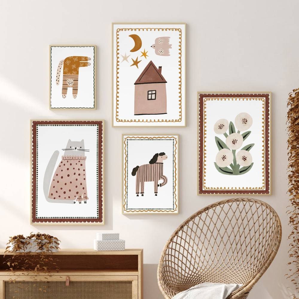 ニュートラルボヘミアンキッズポスター かわいい猫 馬 家 花 - Baby Nursery Wallpaper Neutral のレビューと価格