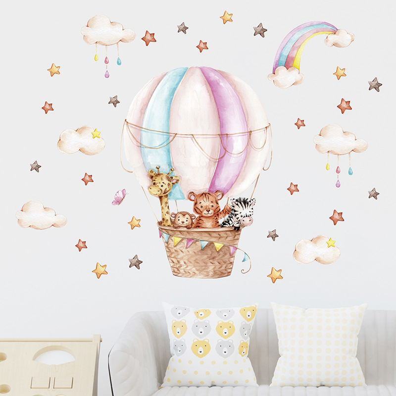 水彩ピンク熱気球かわいい動物雲虹壁ステッカー子供部屋用ベビー - Baby Nursery Vinyl Wall Stickers のレビューと価格