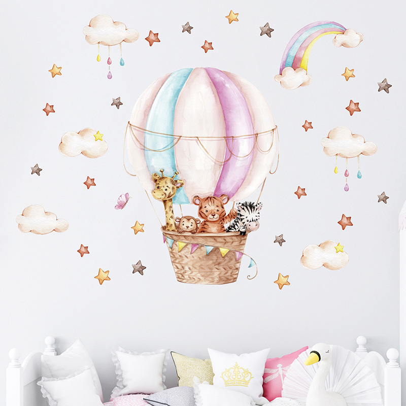 水彩ピンク熱気球かわいい動物雲虹壁ステッカー子供部屋用ベビー - Baby Nursery Vinyl Wall Stickers のレビューと価格