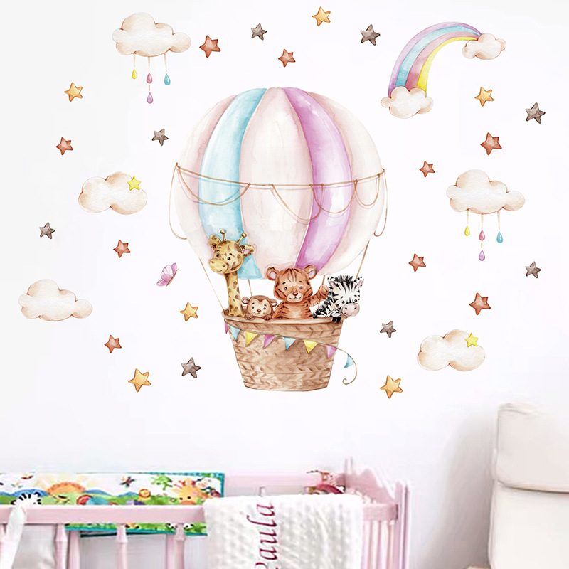 水彩ピンク熱気球かわいい動物雲虹壁ステッカー子供部屋用ベビー - Baby Nursery Vinyl Wall Stickers のレビューと価格